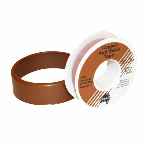 Copper Anti Seize Tape For Threads Three Quarters Inch By Fifty Feet PTFE Resin With Metal Flakes Roll on white background