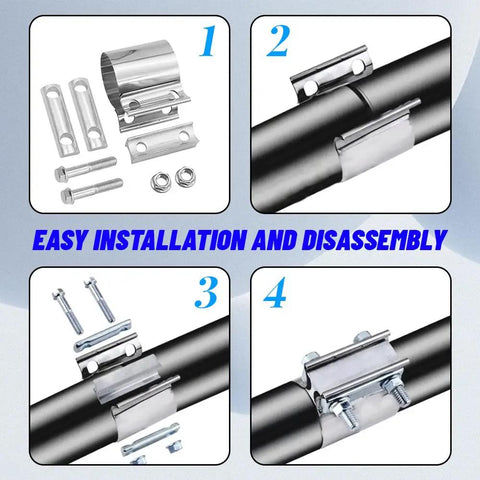 2.25 Inch Stainless Steel Exhaust Clamp Band For Butt Joint Pipes Universal Car Exhaust Clamp Replacement shown in assembly steps