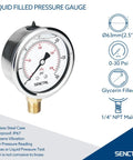 Glycerin Liquid Filled Low Pressure Gauge 0 To 30 Psi, 2.5 Inch Dial, Quarter Inch NPT, Stainless Steel Case, Side View