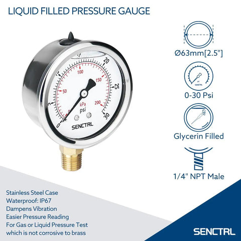 Glycerin Liquid Filled Low Pressure Gauge 0 To 30 Psi, 2.5 Inch Dial, Quarter Inch NPT, Stainless Steel Case, Side View