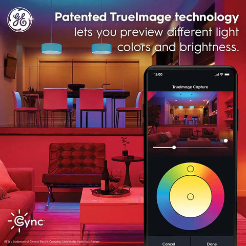 Cync Smart Home Starter Kit With Color Changing LED Bulb And Wireless Dimmer Switch, app interface shows color selection.