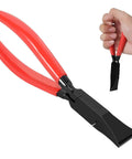 Sheet Metal Bender Pliers Heavy Duty Steel Hand Tool For Straight And 45 Degree Bends with red handles, shown in hand