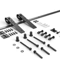 2.5Ft Bi Folding Sliding Barn Door Hardware Track Kit For Two Doors, Black Roller Kit With J Shape Track, components displayed