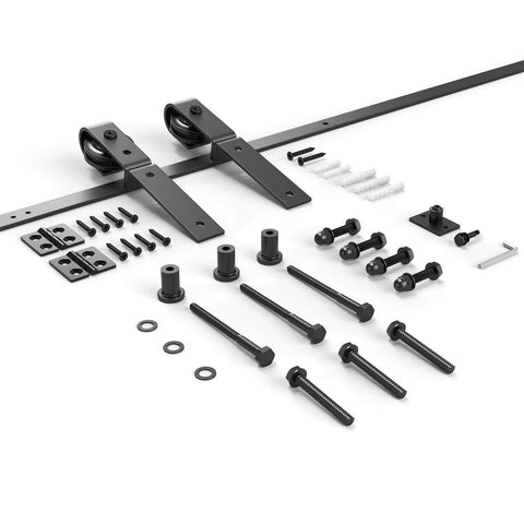 2.5Ft Bi Folding Sliding Barn Door Hardware Track Kit For Two Doors, Black Roller Kit With J Shape Track, components displayed