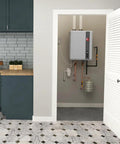 Whopping Natural Gas Tankless Water Heater Delivering Endless Hot Water At 9.5 Gallons Per Minute With 199 Thousand Btus mounted in utility closet.