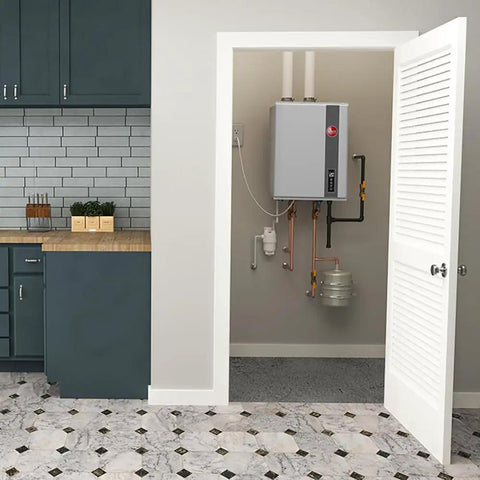Whopping Natural Gas Tankless Water Heater Delivering Endless Hot Water At 9.5 Gallons Per Minute With 199 Thousand Btus mounted in utility closet.