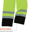Hi Vis Rain Pants With Dirt Hiding Black Panels 2 Inch 3M Scotchlite Reflective ANSI ISEA 107 2020 Compliant Waterproof 300D Oxford Shell