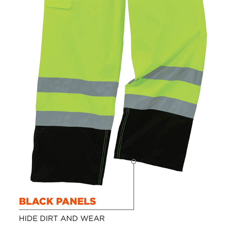 Hi Vis Rain Pants With Dirt Hiding Black Panels 2 Inch 3M Scotchlite Reflective ANSI ISEA 107 2020 Compliant Waterproof 300D Oxford Shell