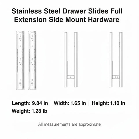 Diagram showing dimensions of Full Extension Side Mount Drawer Slides For Cabinets And Furniture, stainless steel construction.