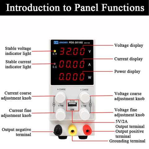 Beefy Adjustable 30V 10A DC Benchtop Power Supply With Encoder Coarse And Fine Knobs Variable Switching Regulated Lab Power Unit USB 5V 2A Charge Port Backlit Four Digit Display For Precise DIY Projects, front panel labeled