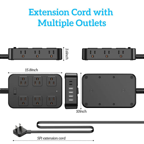 18 In 1 Power Strip With 12 AC Outlets 6 USB Ports Surge Protector 5 Ft Extension Cord 1440 Joules Wide Voltage 120 To 240V ETL Listed For Home Office Kitchen Dorm Wall Desk Charging Station, black 15.8-inch