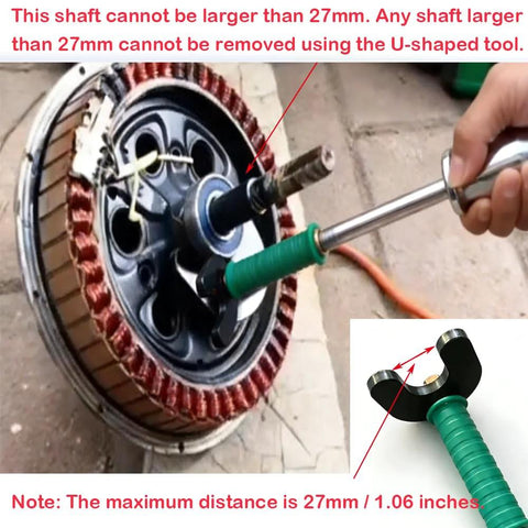 TIANAOKEJI internal bearing puller tool with double-headed slide hammer on wheel hub; U-shaped jaws for 16–45mm bearings.