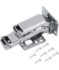 Close-up of a concealed cabinet hinge with 170 degree rotation hydraulic soft close for thick doors with installation screws on the side.