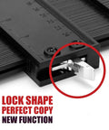 Close-up of precision contour gauge's locking mechanism for accurate shape copying. Precision Contour Gauge For Shape Copying Fast Fix Carpentry Tiling Plumbing Quick Draw Tracer Tool For Irregular Curves And Pipe Fitting No Sweat Adjustable Lock Black 10 Inch Plus 5 Inch Blades.