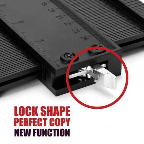 Close-up of precision contour gauge's locking mechanism for accurate shape copying. Precision Contour Gauge For Shape Copying Fast Fix Carpentry Tiling Plumbing Quick Draw Tracer Tool For Irregular Curves And Pipe Fitting No Sweat Adjustable Lock Black 10 Inch Plus 5 Inch Blades.