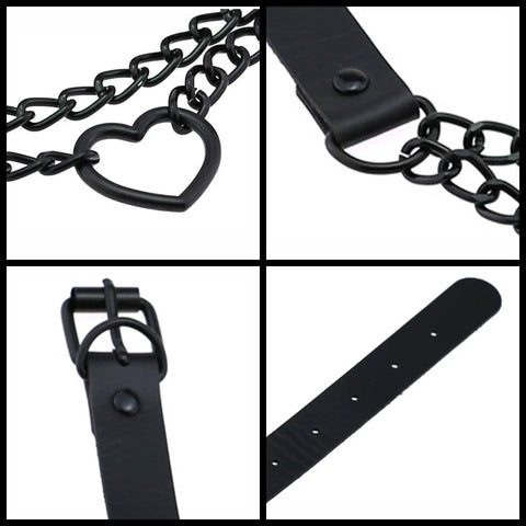 Close-up of Dope Love Heart Choker Necklace showing black vinyl leather collar, heart chain link, adjustable strap details.