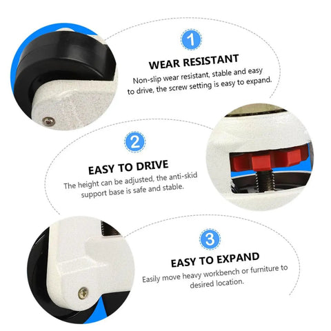 Four Pack Tough As Nails Heavy Duty Swivel Leveling Workbench Casters With Flat Plate Wheels For Material Handling And Equipment Transport Universal Industrial Caster Wheels, close-up of adjustable swivel caster detail