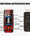 Rugged Seven In One Wall Scanner Stud Finder With Integrated Laser Distance Meter showing product buttons and features on display.