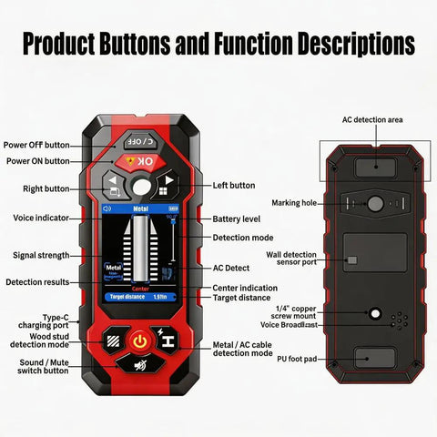 Rugged Seven In One Wall Scanner Stud Finder With Integrated Laser Distance Meter showing product buttons and features on display.
