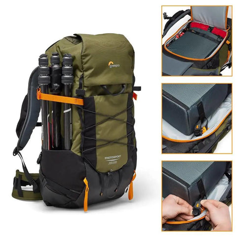 PhotoSport X 35L AW Camera Backpack For DSLR And Mirrorless Gear With Rear Access And Mountain Ready Features Built From Recycled Fabrics Size M And L Dark Grey And Green showing external tripod holder and interior compartments.