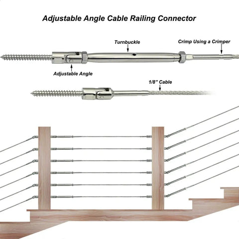 Stainless Steel Heavy Duty Cable Railing Kit For One Eighth Inch Cable Railing System For Wood Posts With Adjustable Angle Lag Screws