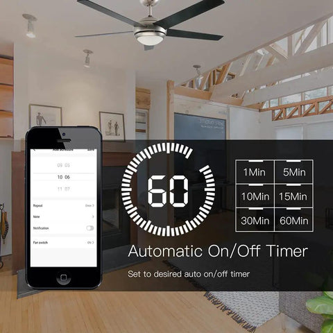WiFi Smart Ceiling Fan Light Wall Switch with Remote, timer settings on phone app, installed in modern living room setting