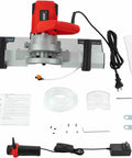 Pro Grade Electric Tile Chamfering Tool For Precise 43 Degree Bevel Cuts With 1200W Motor and accessories laid out on a white background.