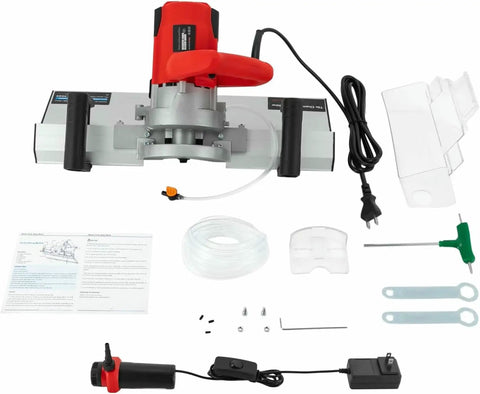 Pro Grade Electric Tile Chamfering Tool For Precise 43 Degree Bevel Cuts With 1200W Motor and accessories laid out on a white background.