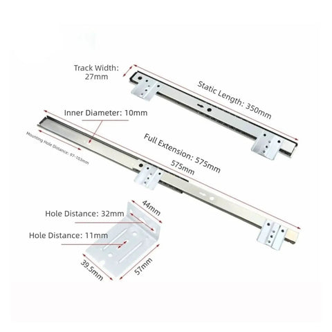Heavy Duty Ball Bearing Drawer Slides 2Pc Full Extension Side Mount Cabinet Runners measurements display, static length 350mm.