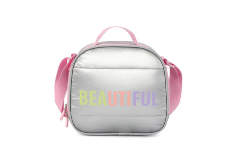 Beautiful silver bag with pink straps, front view.