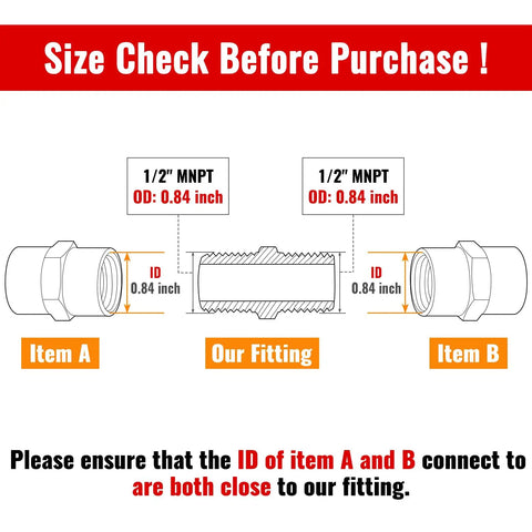 Diagram for size check of 1/2 Inch Male Hex Nipples 1/2 Inch NPT Brass Pipe Fitting Adapters with measurements and instructions.