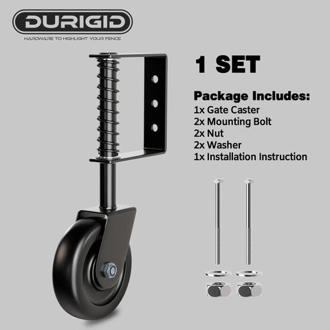 Rock Solid 4.3 Inch Spring Loaded Gate Wheel Heavy Duty Casters For Wood Fence Gates black gate caster with mounting hardware.