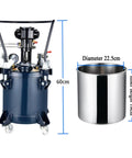Heavy Duty Pneumatic Paint Pressure Pot With Smooth Tracking And Robust 10 Liter Capacity For Professional Grade Spray Painting Projects And No Sweat Transport, side view with dimensions.
