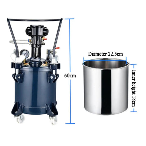 Heavy Duty Pneumatic Paint Pressure Pot With Smooth Tracking And Robust 10 Liter Capacity For Professional Grade Spray Painting Projects And No Sweat Transport, side view with dimensions.
