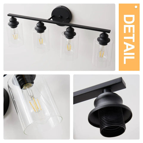 Dope Industrial Matte Black 3 Light Vanity Light Fixture For Bathroom With Clear Glass Shades Modern Farmhouse Over Mirror Bath Light ETL Certified Today, showing close-up of black frame and bulb detail.