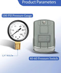 Well Water Pressure Tank Tee Kit With 40-60 Psi Switch, 100 Psi Gauge, shows gauge and switch details