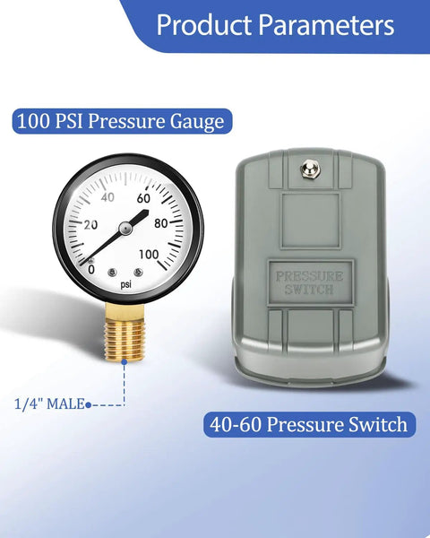 Well Water Pressure Tank Tee Kit With 40-60 Psi Switch, 100 Psi Gauge, shows gauge and switch details
