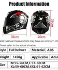 Four Seasons Full Face Motorcycle Helmet With Flip Up Double Visors DOT Approved front and back view with dimensions