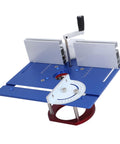 Top Shelf Aluminum Router Lift Base Height Adjustable Manual Woodworking Table Slick Mounting Badass Stainless Steel Brackets Knockout Precision Engraving Milling Unit Blue with adjustable components.