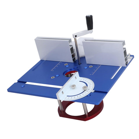 Top Shelf Aluminum Router Lift Base Height Adjustable Manual Woodworking Table Slick Mounting Badass Stainless Steel Brackets Knockout Precision Engraving Milling Unit Blue with adjustable components.