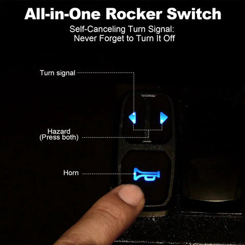 All In One UTV Turn Signal Kit With DRL And Red Running Lights showing rocker switch with illuminated icons and finger pressing horn