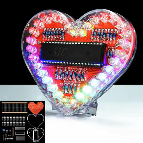 Heart Shaped LED Flashing Light Kit With 51 Microcontroller For Electronics, 32 Colorful 5mm LEDs on red circuit board