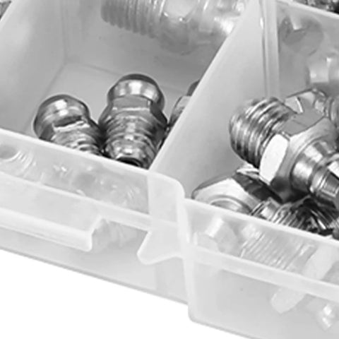 45Pcs Brass Zerk Grease Nipple Fitting Assortment Kit M6 M8 M10 For Hot Air Guns And Machinery in plastic compartment