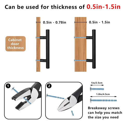 Diagram showing cabinet door thickness compatibility for Antique Brass Cabinet Knob Set 30 Pack For Vintage Dresser And Drawer Hardware, Solid Metal Alloy, 1.1 Inch Diameter, Classic Upgrade With Screws Included, Ideal For Cabinets And Furniture Makeover