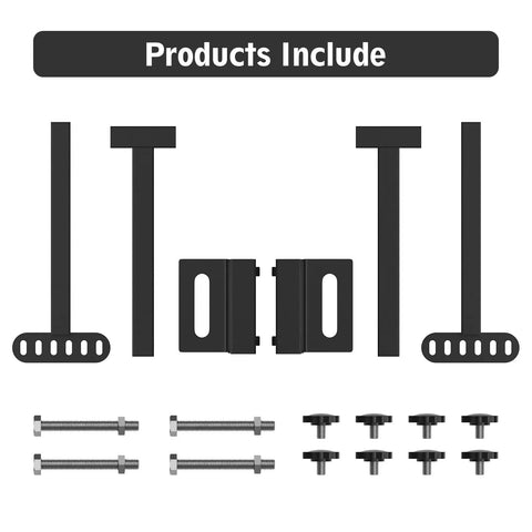 Universal Adjustable Headboard Brackets For Heavy Duty Steel Metal Bed Frame Extension Kit parts layout including screws and brackets.