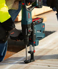 Side view of Bosch cordless SDS-Plus Bulldog rotary hammer with 1/2 in x 8 in bit