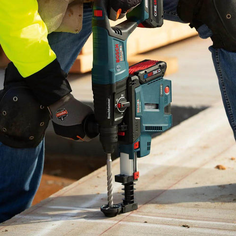 Bosch SDS-Plus Bulldog rotary hammer drill with carbide bit, teal body, side view