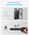 Ultra Slim 8 In 1 USB C Charging Station With 20W Max Power Four AC Outlets Two USB C Ports Two USB A Ports Five Foot Cord Fast Desktop Charger For iPhone And MacBook Air Pro shown in slim profile next to phone with hand holding.