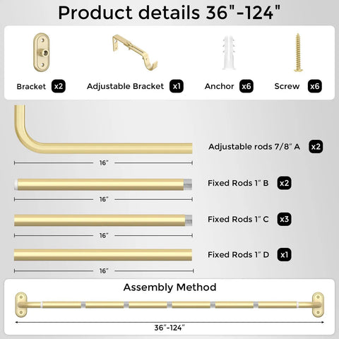 Assembly diagram of Wrap Around Blackout Curtain Rods 36 To 120 Inch 1 Inch Diameter Heavy Duty Metal Rod With Aluminum Bracket