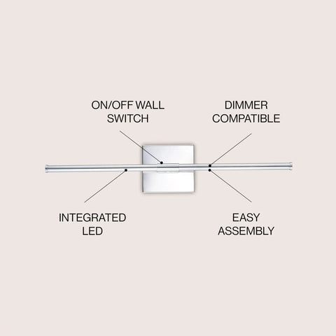 Chrome Modern Dimmable Integrated LED Wall Sconce 28 Inch No-Fuss Vanity Light For Bathroom Mirror Bedroom Hallway Sleek Hardwired Wall Lamp Fixture Warm White 3000K